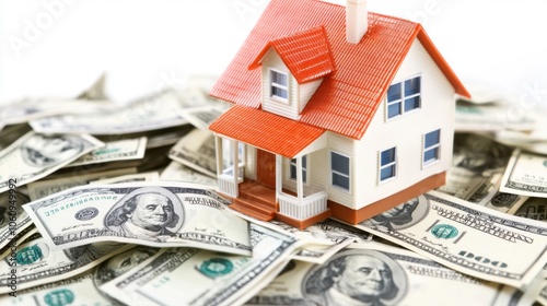 A small house model sits atop a pile of cash, symbolizing wealth, investment, and property ownership.