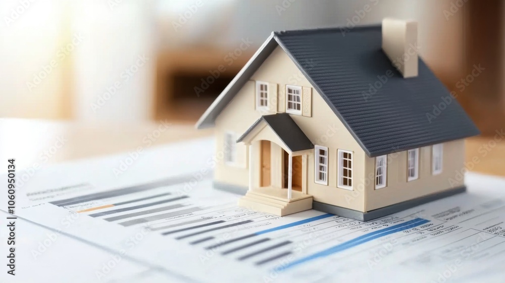 A miniature house model sits on financial documents, symbolizing real estate investment and housing market analysis. A miniature house model sits on financial documents, symbolizing real estate investment and housing market analysis.