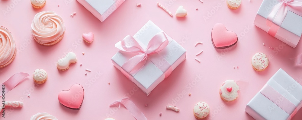 Gift boxes, heart-shaped macarons, and sweets on pink background Gift boxes, heart-shaped macarons, and sweets on pink background