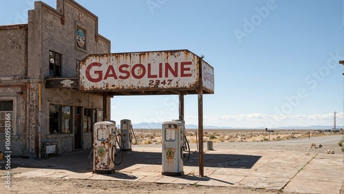 Vintage gas station sign with Gasoline 247 in faded red letters rustic pumps and open desert highway