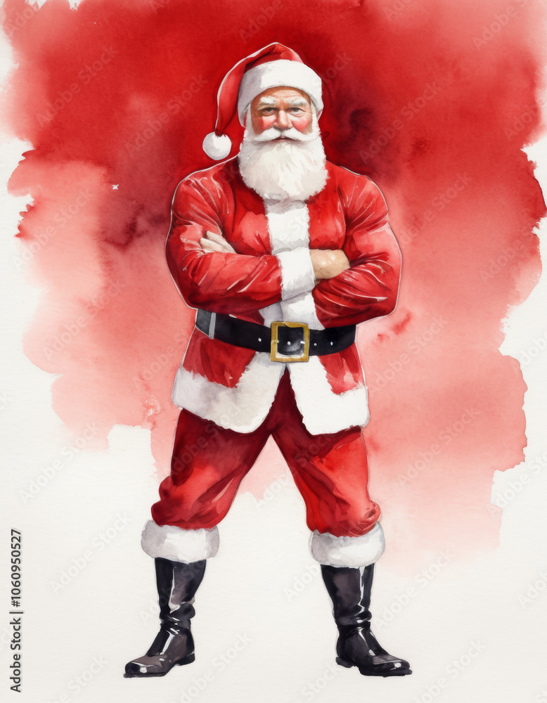 watercolor painting Muscular Santa Claus with arms crossed, wearing a classic red suit and Santa hat, standing confidently in front of a red background, blending holiday spirit with strength watercolor painting Muscular Santa Claus with arms crossed, wearing a classic red suit and Santa hat, standing confidently in front of a red background, blending holiday spirit with strength
