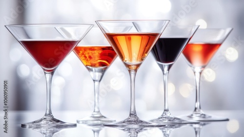 A row of martini glasses with colorful drinks on a reflective surface against a bokeh light background