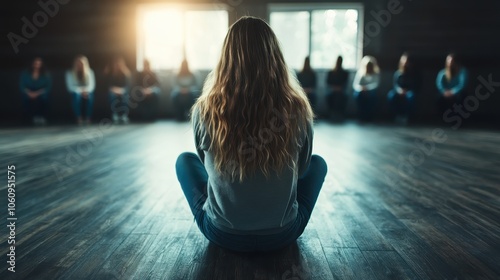 A woman's silhouette is set against a softly illuminated background, sitting cross-legged in a group session, portraying introspection and shared human experience. photo