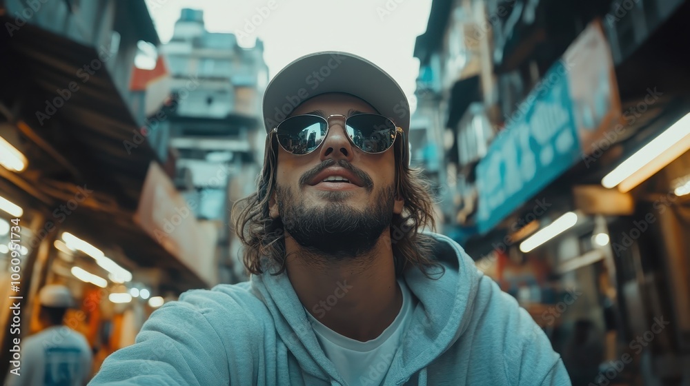 A casual urban scene features a stylish man in sunglasses exploring vibrant streets, highlighting a sense of adventure and contemporary city life. A casual urban scene features a stylish man in sunglasses exploring vibrant streets, highlighting a sense of adventure and contemporary city life.
