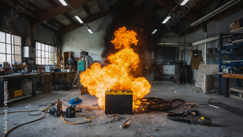A chaotic moment in a workshop with a battery igniting and tools strewn about, emphasizing the urgency of strict safety practices.