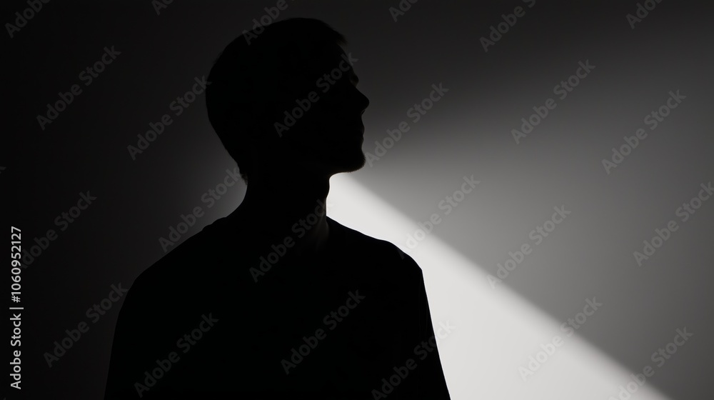 Dramatic side profile silhouette of a young man with soft shadow contrast, emphasizing mystery and introspection. Dramatic side profile silhouette of a young man with soft shadow contrast, emphasizing mystery and introspection.