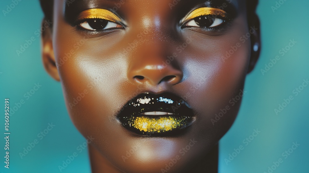 Close-up portrait emphasizing bold eyeshadow and glossy lips on dark skin; a striking example of vibrant makeup artistry. Close-up portrait emphasizing bold eyeshadow and glossy lips on dark skin; a striking example of vibrant makeup artistry.