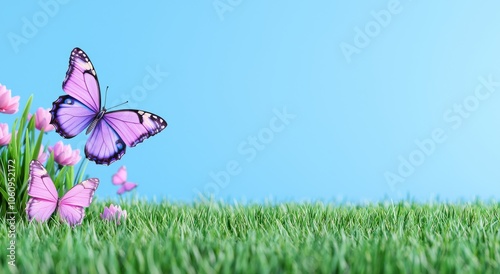 Night time butterfly in the grass, in blue and purple tones, macro. Wonderful art image of a dream.