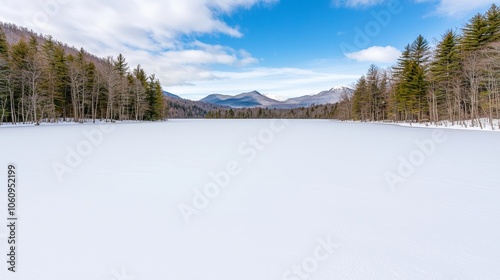 A thick blanket of snow obscures a tranquil lake.