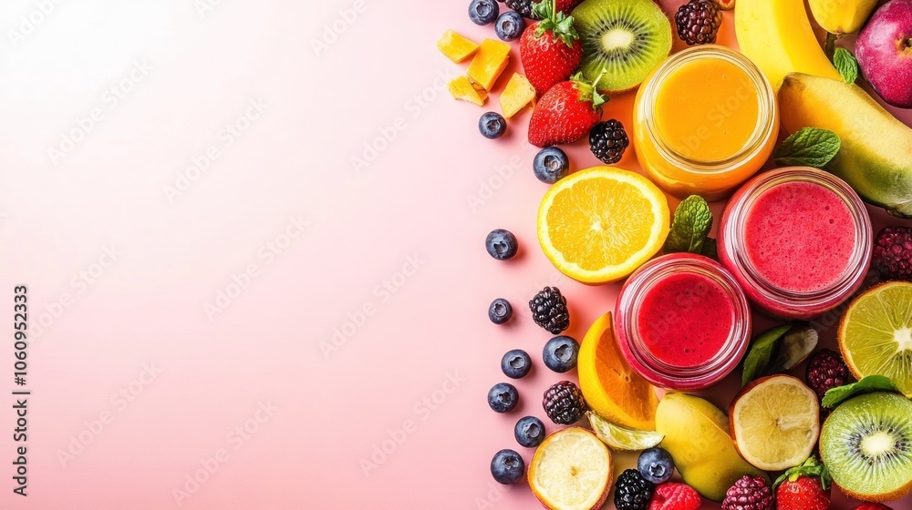 Fresh Fruit Smoothies with Ingredients on Pink Background Fresh Fruit Smoothies with Ingredients on Pink Background