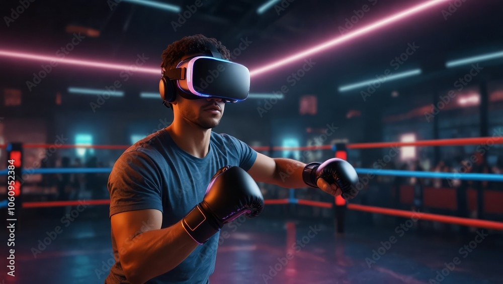 Man wearing VR glass and smashing or punching at camera in neon boxing arena. Sport gamer boxing and moving gesture in metaverse or virtual world while using digital technology innovation Man wearing VR glass and smashing or punching at camera in neon boxing arena. Sport gamer boxing and moving gesture in metaverse or virtual world while using digital technology innovation
