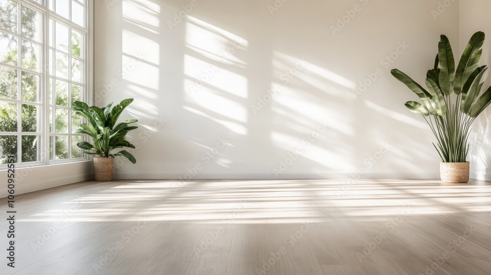 Spacious, sunlit room featuring large windows, two potted green plants on a wooden floor, casting beautiful shadows which highlight the serene ambiance. Spacious, sunlit room featuring large windows, two potted green plants on a wooden floor, casting beautiful shadows which highlight the serene ambiance.
