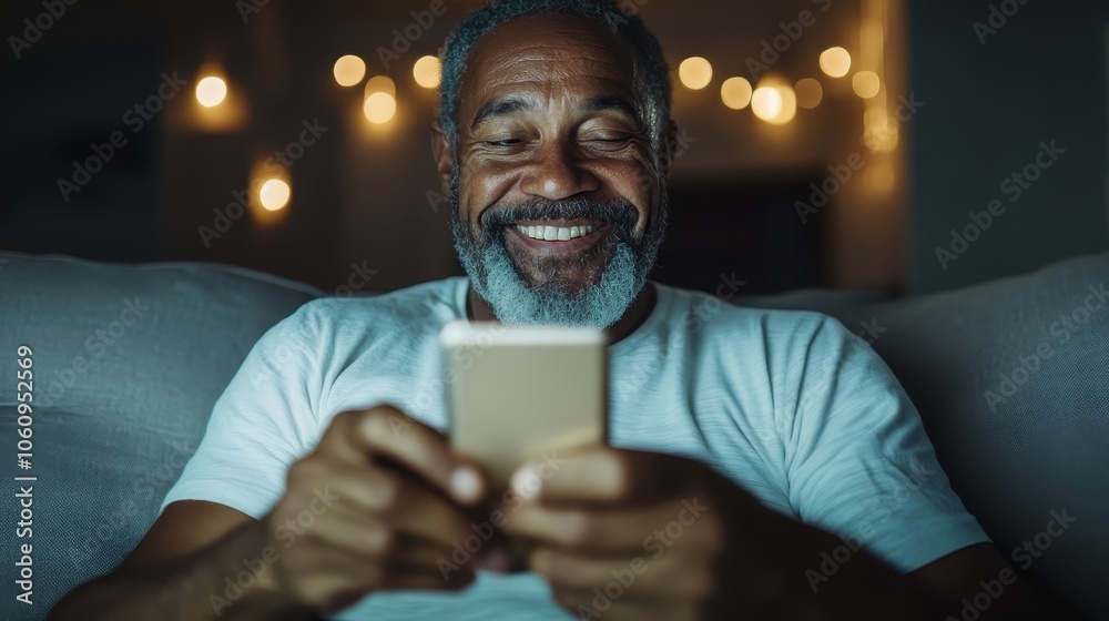 An elderly man sits smiling on a couch while looking at his smartphone, with warm string lights in the background, evoking joy and relaxation in the space. An elderly man sits smiling on a couch while looking at his smartphone, with warm string lights in the background, evoking joy and relaxation in the space.