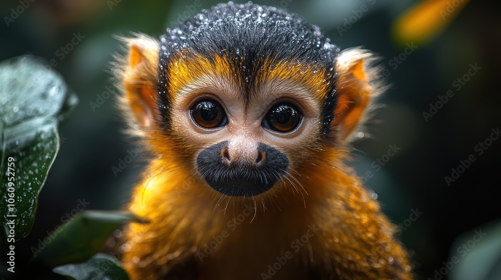 Fototapeta premium A wet, young squirrel monkey with big brown eyes stares directly at the camera.