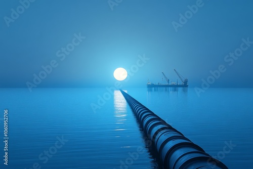 Offshore pipeline leading to oil platform under full moon at dusk photo