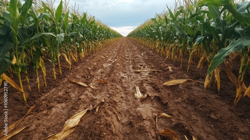 The photo depicts a path lined with mud running through the middle of two vibrant green cornfields stretching towards the horizon, showcasing rural farming style. photo