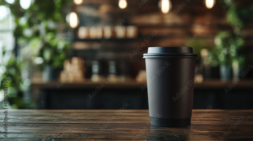 A minimalistic black cup set on a wooden table within an inviting and cozy cafe interior, enhanced with dim lighting in a peaceful ambiance. A minimalistic black cup set on a wooden table within an inviting and cozy cafe interior, enhanced with dim lighting in a peaceful ambiance.
