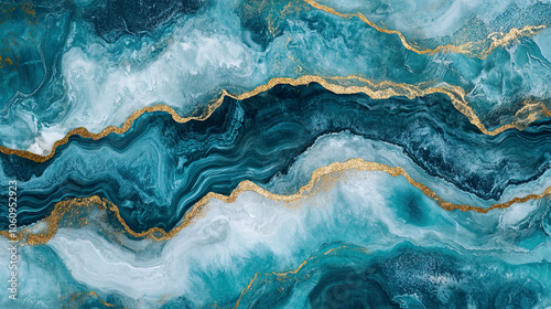Abstract teal and gold fluid art with marble texture and metallic accents