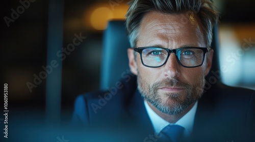 A businessman with striking blue eyes and glasses in a suit conveys sharp focus and determination, exemplifying professionalism in a modern corporate setting.