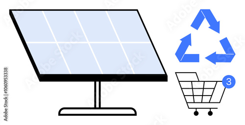 Solar panel generating clean energy, recycling symbol promoting sustainability, and shopping cart with three notifications. Ideal for promoting eco-friendly practices, renewable energy