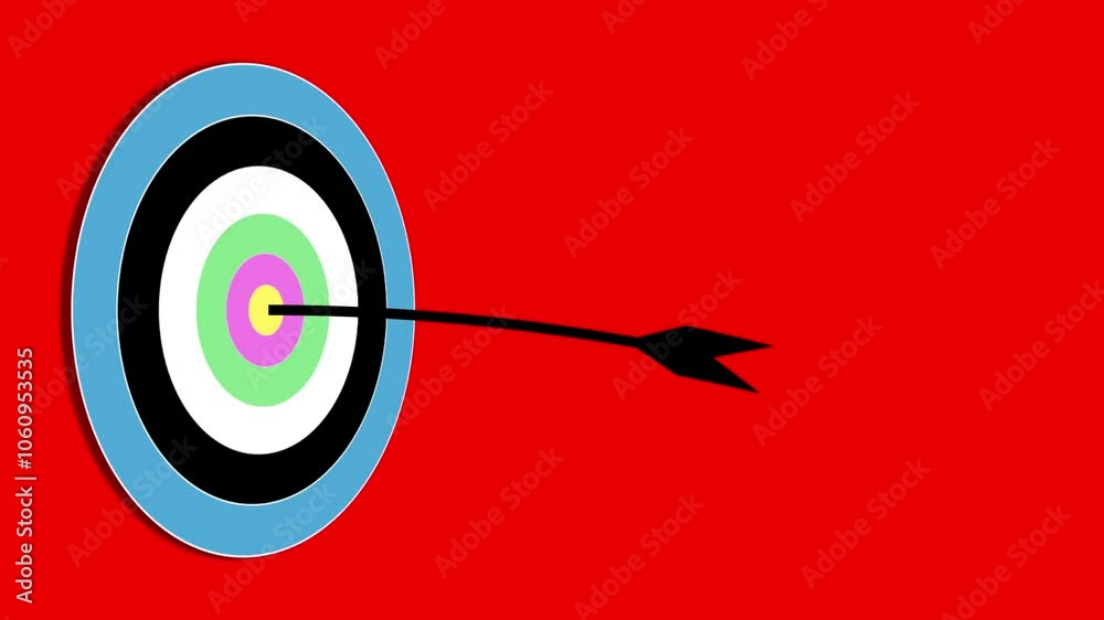 Arrow hits center of target, arrow icon. Hit the arrow on the red and blue background. Arrow hits center of target, arrow icon. Hit the arrow on the red and blue background.
