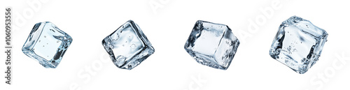Set of realistic translucent ice cubes with bubbles frozen water in various positions isolated on white background cold transparent icy blocks melting ice pieces for drinks freshness and coolness