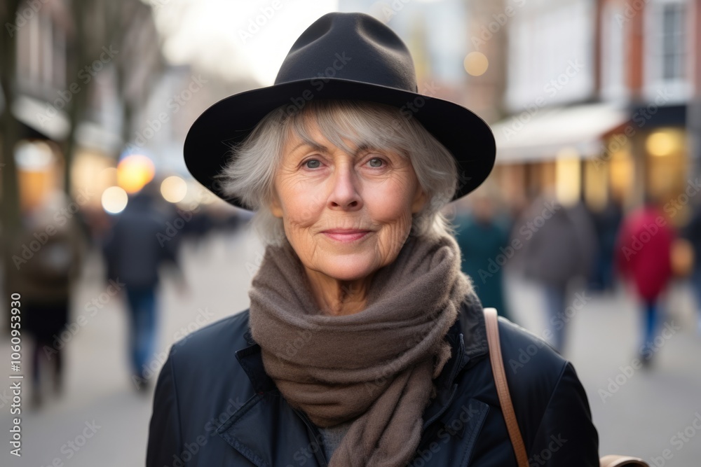 Portrait of senior woman in hat and scarf on a city street