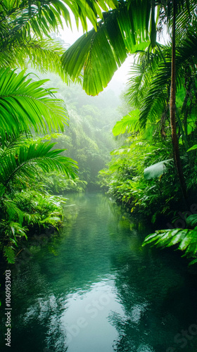 Green tropical river, peaceful jungle landscape, Generative AI