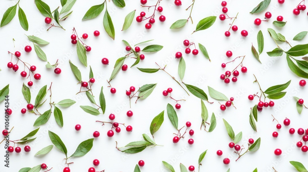 Scattered Red Berries and Green Leaves on a White Background