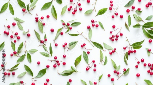 Wallpaper Mural Scattered Red Berries and Green Leaves on a White Background Torontodigital.ca