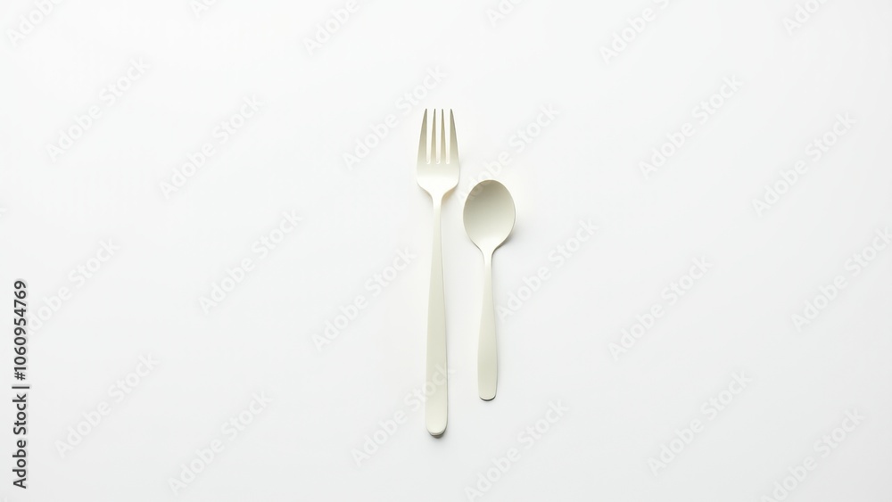 Minimalist white fork and spoon on a clean white background, highlighting simplicity and elegance. Everyday things used for dining. Minimalist white fork and spoon on a clean white background, highlighting simplicity and elegance. Everyday things used for dining.