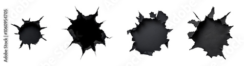 Black torn holes in a textured surface ripped material damage effect bullet holes cracked surface broken wall grunge background abstract design element set of isolated on white background