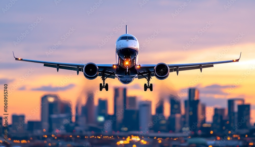 Flown at twilight with blurred cityscapes Flown at twilight with blurred cityscapes