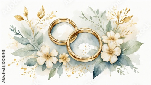 Golden wedding rings with floral watercolor illustration
