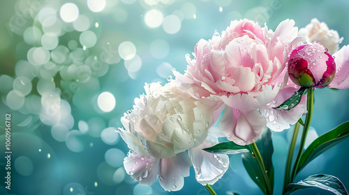 Fototapeta Naklejka Na Ścianę i Meble -  Blooming Peonies with Dew Drops: Fresh pink peonies with dew drops on their petals, highlighting the beauty and freshness of the flowers.