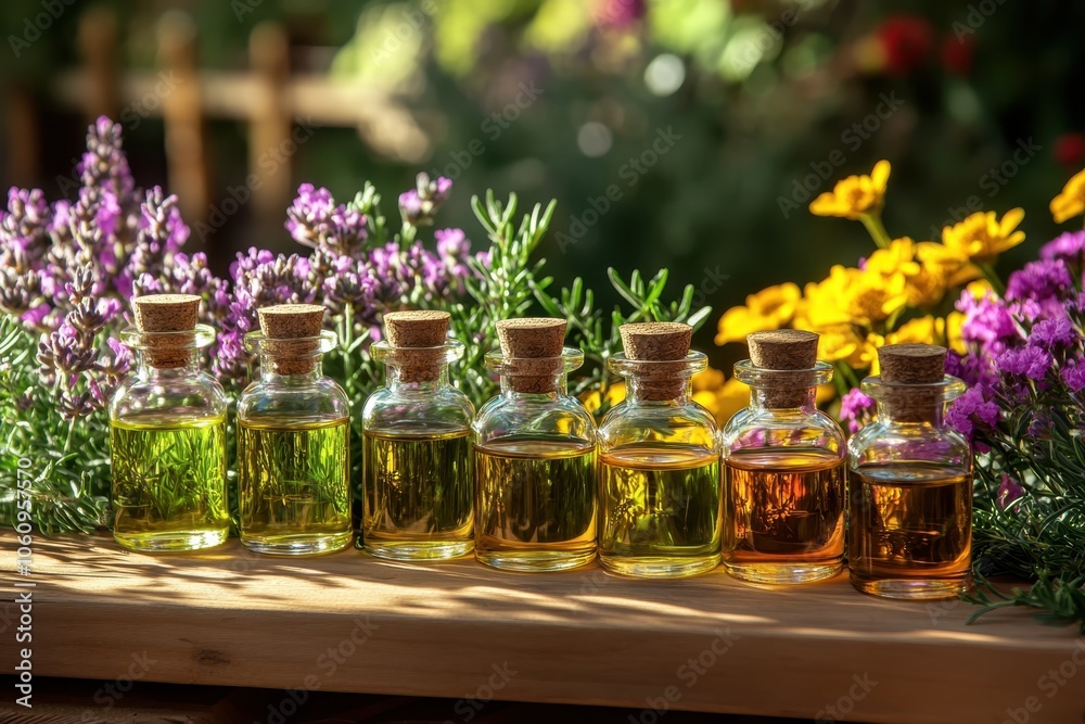 Essential Oil Bottles in Garden Setting Essential Oil Bottles in Garden Setting