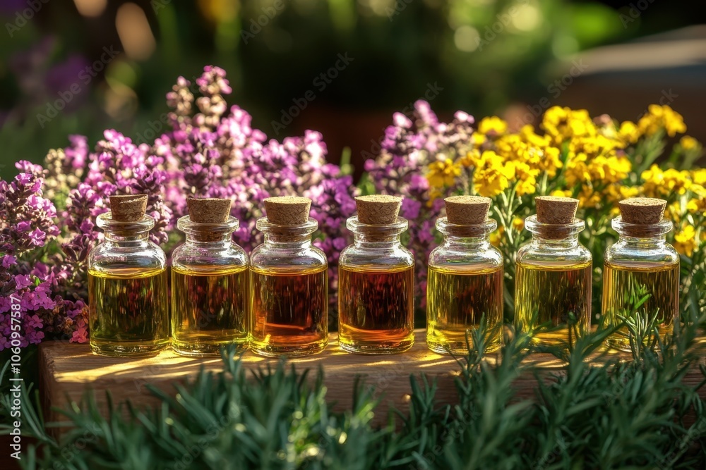 Essential Oil Bottles in Garden Setting Essential Oil Bottles in Garden Setting