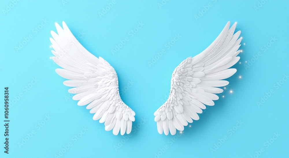 Fototapeta premium Blue Bokeh Banner with Angel Wings - Wide blue bokeh background with large pair of angel wings on the left side and a shaft of bright light between them