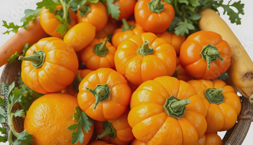 Healthy orange and yellow food high in carotene, fresh ripe bright colorful fruits and vegetables from market, summer farm harvest background isolated with white shades, png