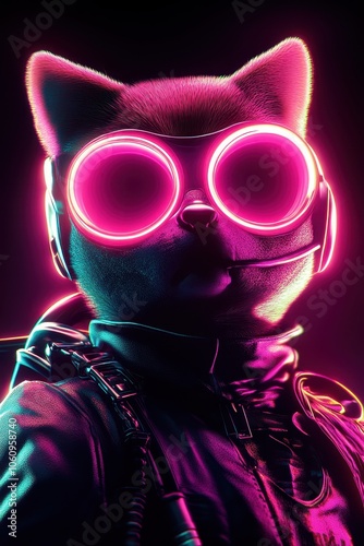 Cat in Neon Goggles with Futuristic City Background 