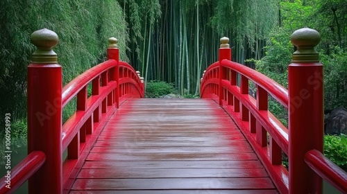 Wallpaper Mural Red Wooden Bridge in a Tranquil Garden Torontodigital.ca