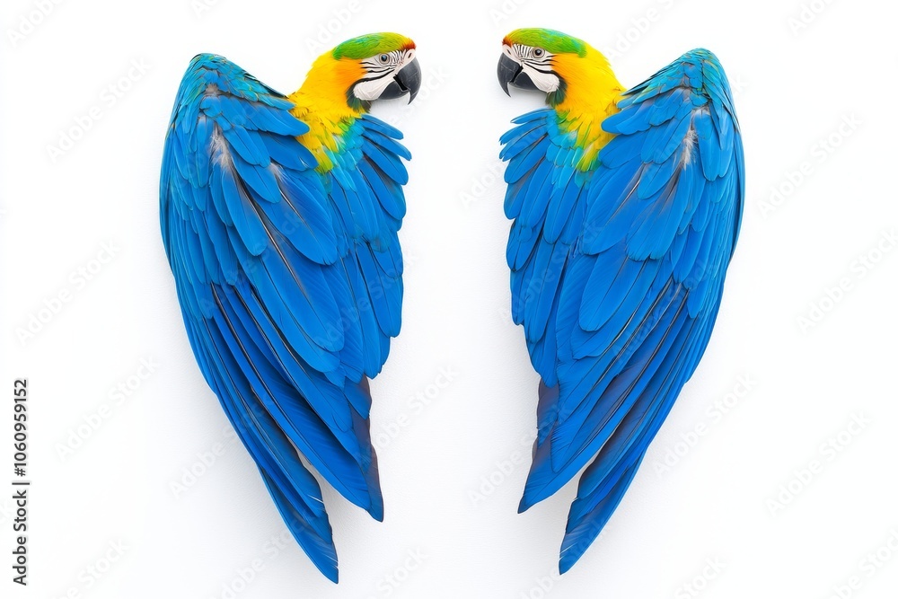 Fototapeta premium Macaw wings isolated on white background with blue and gold colors