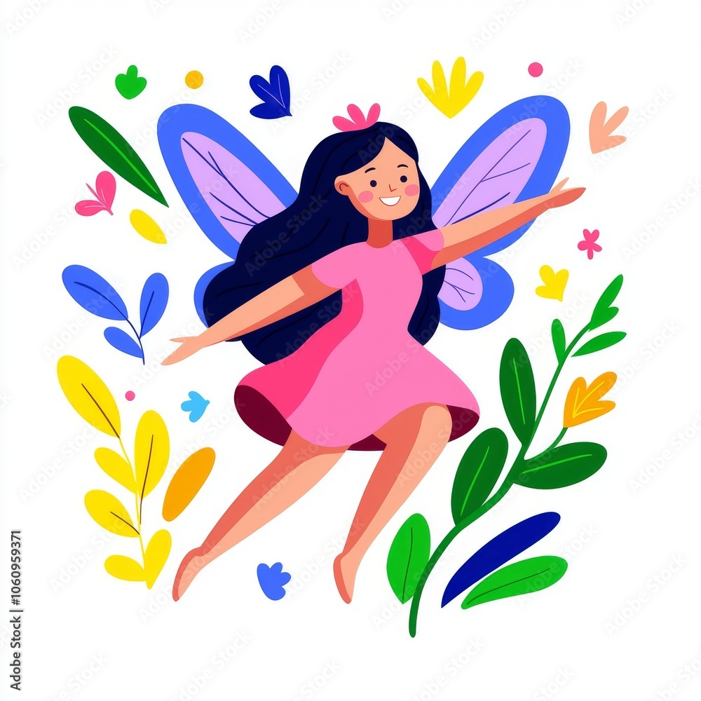 Fototapeta premium Flying fairy in pink petal dress with butterfly wings