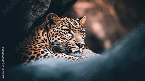 Noble jaguar hidden within a rocky rainforest retreat among ancient trees and rugged rocks, biding time until twilight signals the start of its reign as the ultimate predator of the wild