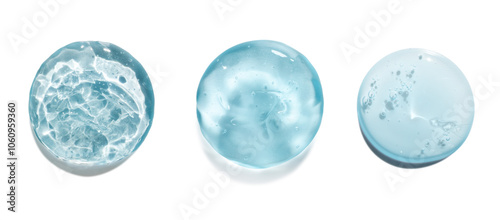 Jelly gel round texture. Blue facial serum beauty product test on white background.