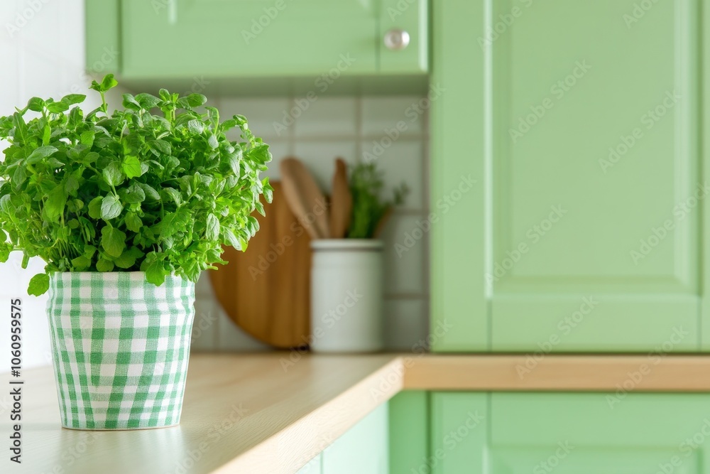 Charming retro kitchen featuring pastel green cabinets and fresh herbs in a sunlit, inviting atmosphere Charming retro kitchen featuring pastel green cabinets and fresh herbs in a sunlit, inviting atmosphere