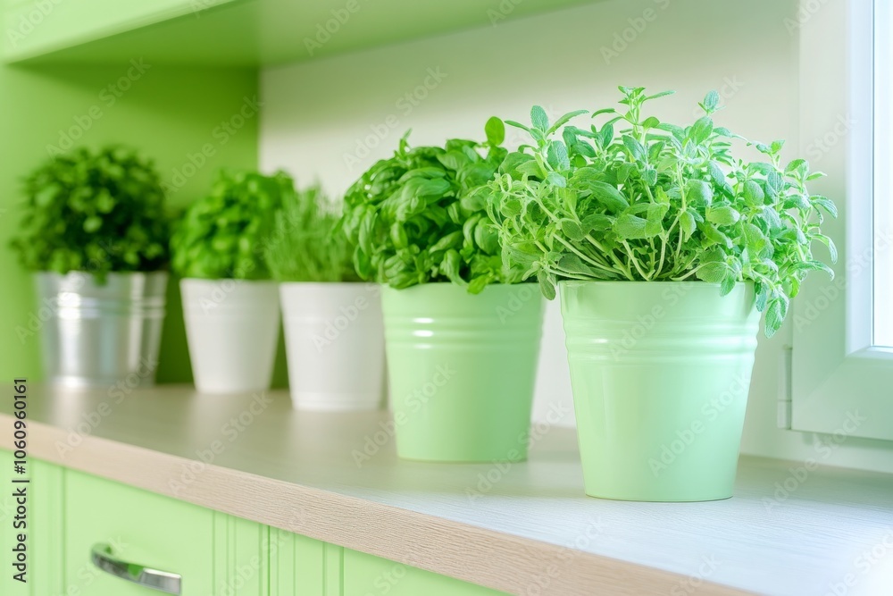 Charming retro kitchen featuring pastel green cabinets and fresh herbs in natural light