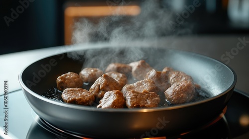 A pan of sizzling mushrooms in a rich, aromatic sauce releases steam, tantalizing the senses with the promise of a hearty and flavorful dish.