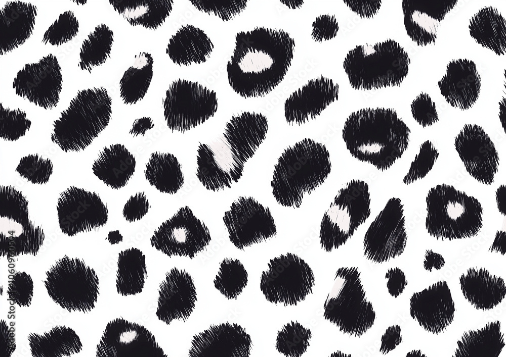 Leopard fur-inspired pattern featuring dense, small black spots and organic shapes scattered across a white canvas, giving a natural animal print appearance