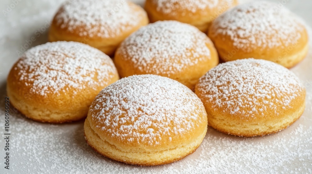 Close-up of six golden brown pastries dusted with powdered sugar Close-up of six golden brown pastries dusted with powdered sugar